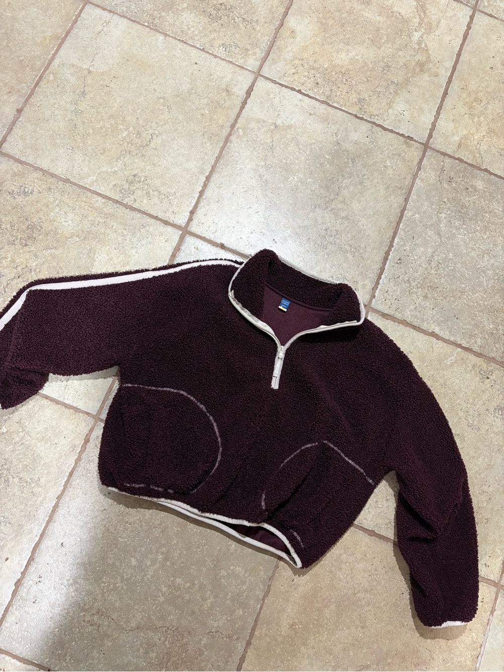 Old Navy Cropped Sherpa Pullover - Burgundy with Cream Trim